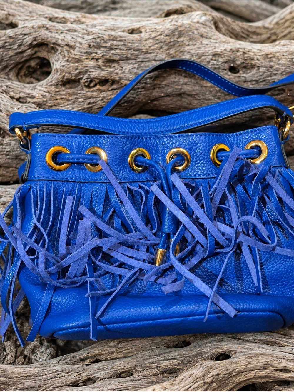 Milly Royal Blue Fringe Crossbody Bag with Gold Hardware - Picture 2 of 3